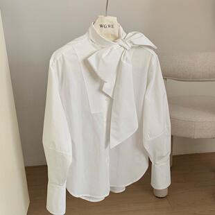 优雅大小姐英伦风设计白色飘带蝴蝶结衬衫女显瘦春秋宽松长袖衬衣
