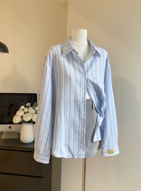 薄款防晒衬衫上衣女夏设计感宽松慵懒长袖蓝色条纹休闲衬衣