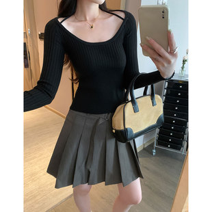 巨好看方领毛衣长袖内搭打底针织衫女2026春季新款T恤绝美小上衣