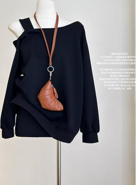 时髦松弛feel设计感斜肩露肩长袖灰色卫衣外套女秋冬宽松慵懒上衣