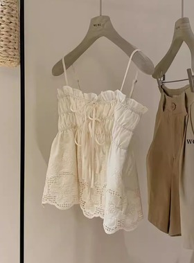 少女抽褶设计系带浮雕重工绣花小吊带森系甜美度假背心内搭上衣夏