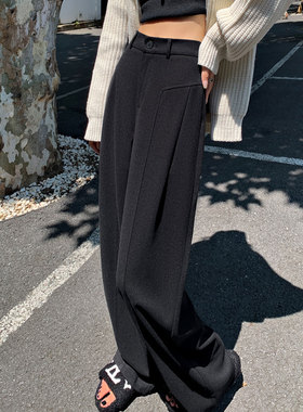黑色毛呢阔腿裤女2026春季高腰垂感时髦轻奢高级感直筒休闲西装裤