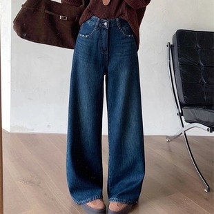 女高腰显瘦刺绣直筒长裤 版 子秋冬加绒加厚阔腿牛仔裤 裤 型超好看