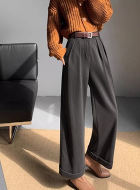 加绒加厚黑色西装裤女秋冬季新款爆款显瘦直筒休闲长裤阔腿九分裤