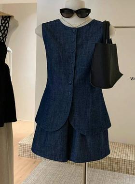 老钱风背心西装套装宽松马甲牛仔衬衫上衣阔腿短裤夏装穿搭一整套