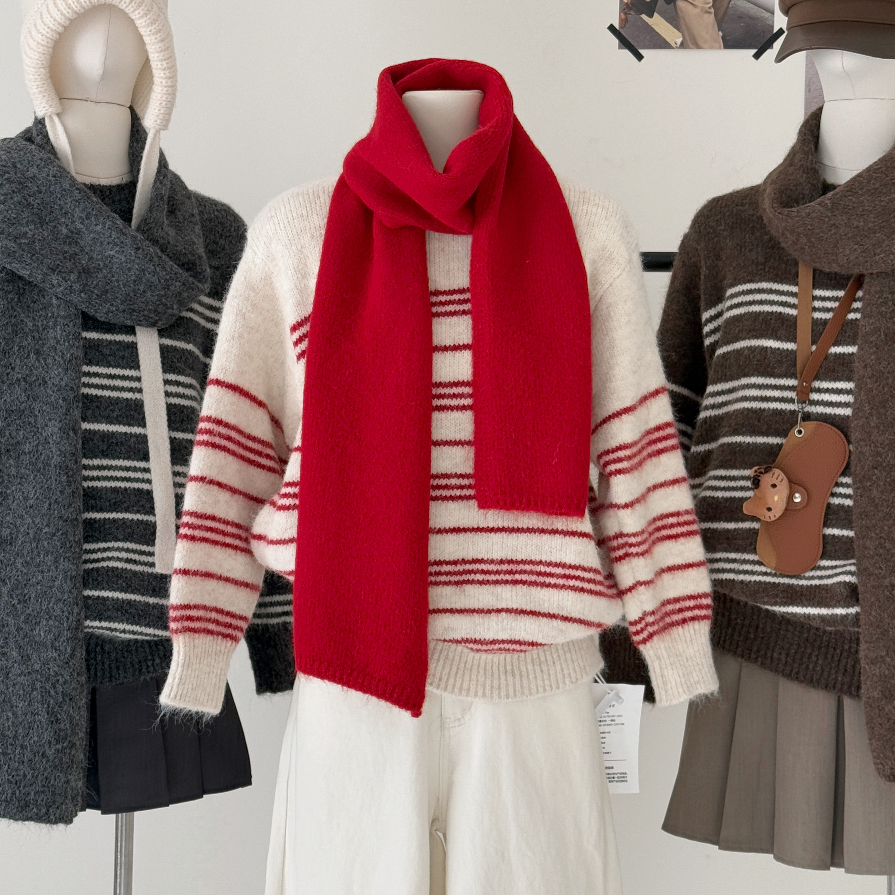 慵懒风复古条纹红色针织衫女秋冬韩系新款宽松显瘦毛衣短外套上衣,女装/女士精品,毛衣,淘宝优惠券,粉丝福利购,淘宝优惠卷