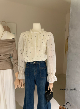 【繁星点点】韩系波点长袖衬衫女半高领打底衫秋季法式雪纺衫上衣