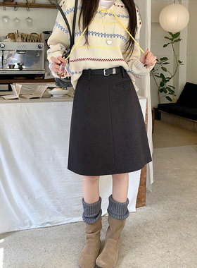 2026春季新款高腰显瘦简约毛呢黑色半身裙高级感超好看冬装半裙子