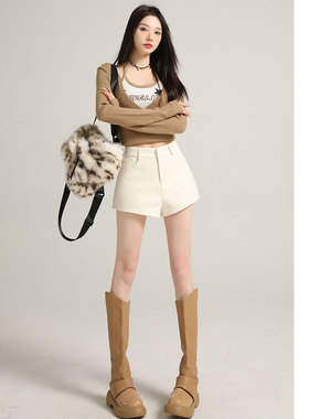 韩系毛呢白色短裤女秋冬新款辣妹a字气质高腰黑色外穿靴裤休闲裤