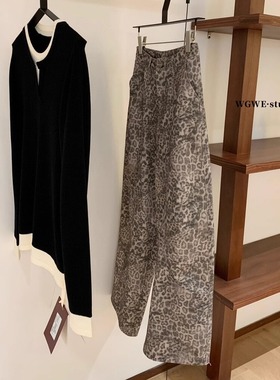 豹纹弯刀裤设计感小众阔腿休闲裤宽松直筒牛仔裤巨好看的早秋裤子