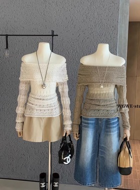 露肩一字领镂空马海毛毛衣女轻熟斜领针织衫韩系氛围感早秋上衣