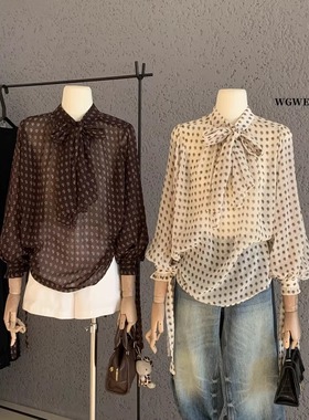 法式复古波点飘带长袖衬衫女高级感时尚气质百搭宽松显瘦衬衣小衫