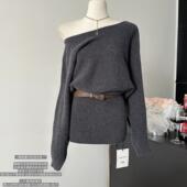 2025秋季 毛衣女慵懒风中长款 加厚气质收腰露肩包臀针织连衣裙子