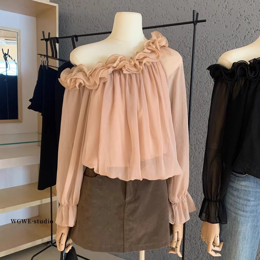 花朵边装饰法式度假风一字肩长袖衬衫女秋季宽松气质上衣雪纺小衫