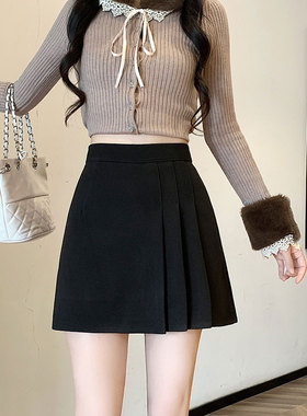 黑色百褶毛呢半身裙女韩系秋冬高腰显瘦超好看遮胯气质A字短裙子