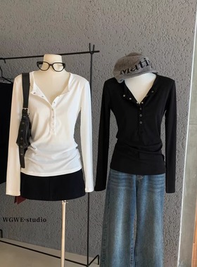 松弛感半排扣打底白色长袖T恤女早秋季通勤简约修身显瘦内搭上衣