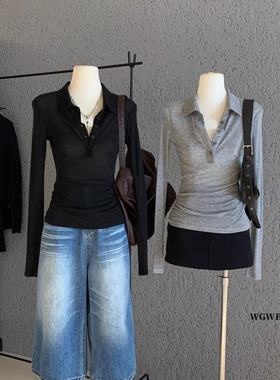 polo领针织长袖t恤女早秋穿搭韩系翻领正肩打底衫设计感小众上衣