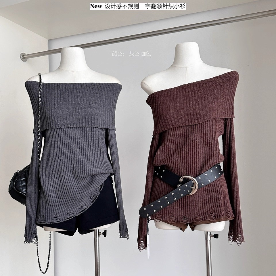 性感一字肩翻领针织衫女初秋穿搭