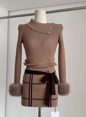 毛毛袖口高领针织连衣裙冬新款修身收腰显瘦纯欲气质打底毛衣短裙