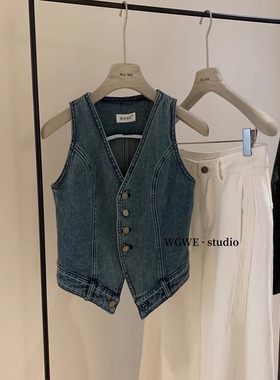 蓝色v领牛仔马甲背心女秋季叠穿设计感叠穿复古修身无袖外穿上衣