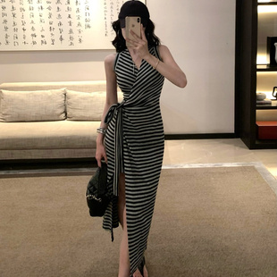 掐腰连衣裙夏天海边度假绝美漂亮超火 条纹收腰巨好看 针织长裙