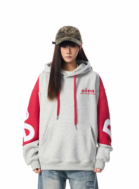 SREK春季美式原创国潮字母刺绣拼接连帽卫衣宽松加绒情侣外套潮牌