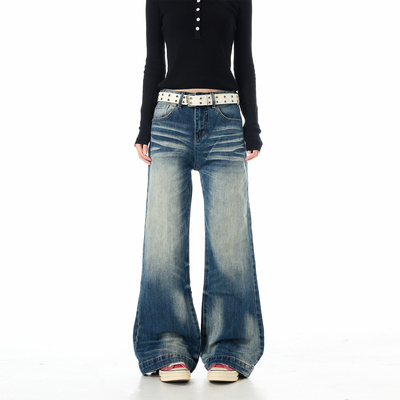 美式复古做旧高腰阔腿牛仔裤女