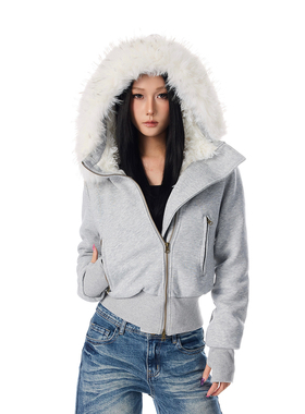 SREK美式复古拼接毛毛领连帽卫衣女秋冬季设计感短款收腰加厚外套