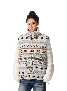 SREK美式复古民族风提花毛领连帽棉服马甲女冬季宽松保暖上衣