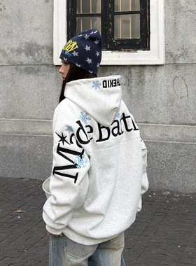 SREK新款休闲美式嘻哈风连帽卫衣女黑色雪花刺绣宽松情侣百搭上衣