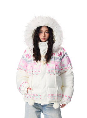 SREK冬季新款费尔岛风毛领连帽棉服女冬季印花保暖宽松面包服外套