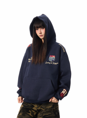 SREK新款美式复古徽章刺绣连帽卫衣男女宽松街头风黑色套头卫衣