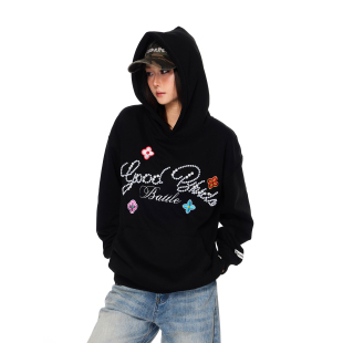 情侣宽松刺绣字母印花帽衫 珍珠连帽卫衣男女秋季 上衣潮 美式 SREK