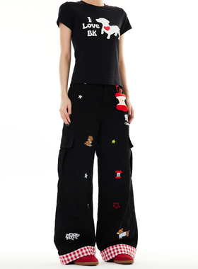 SREK  苹果小狗刺绣工装格子牛仔裤女2025款夏季宽松休闲阔腿裤子