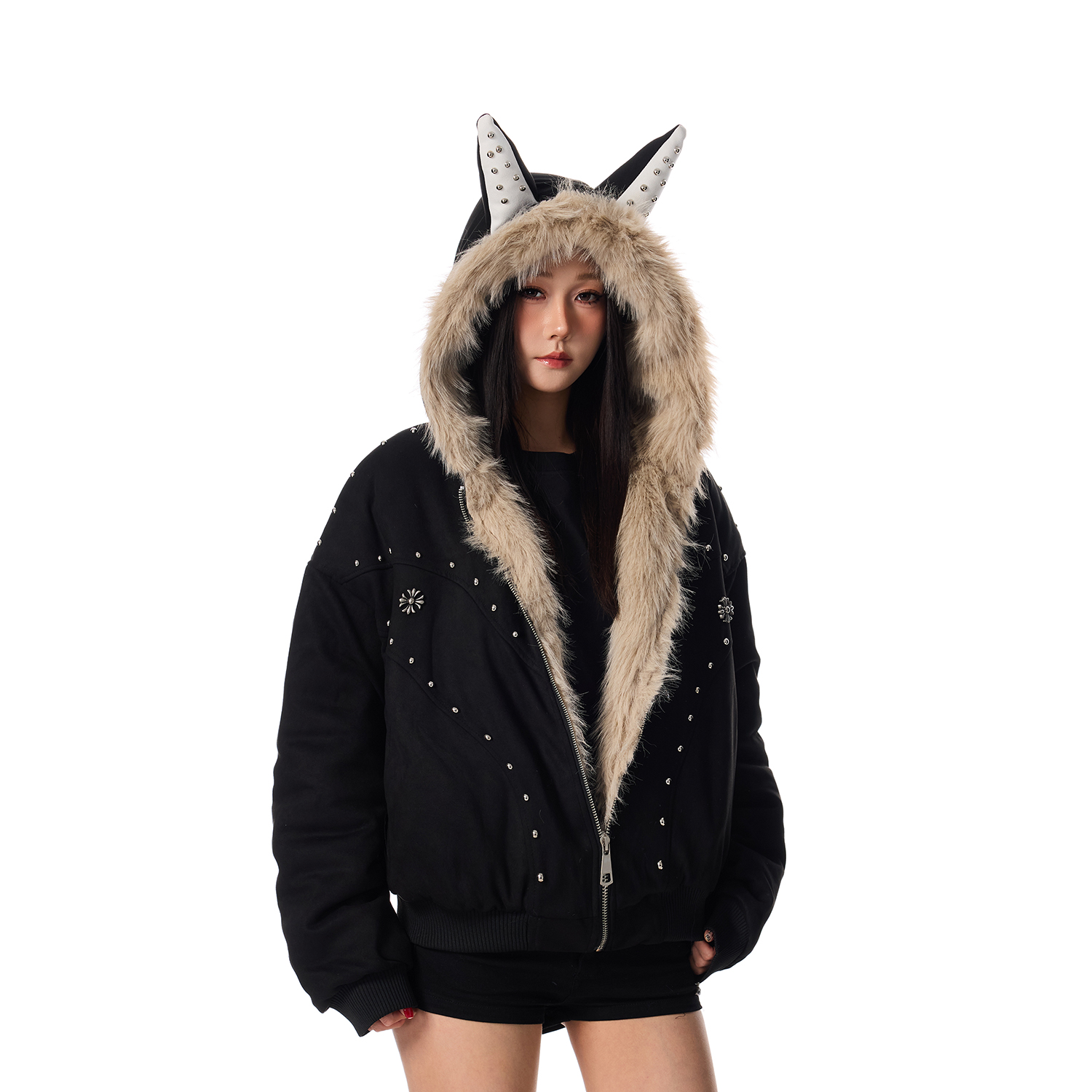 SREK冬季新款男女美式复古座山雕毛领连帽棉服女铆钉加厚情侣外套