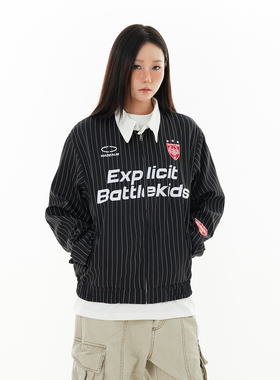 SREK美式复古外套男女春秋宽松休闲白色条纹棒球服情侣装翻领夹克