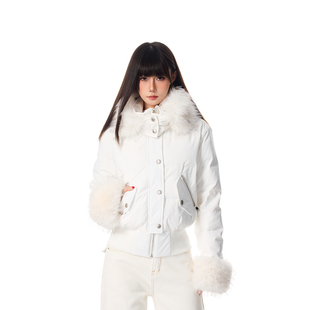 SREK冬装通勤百搭白色毛领连帽短款棉服女修身收腰保暖显瘦外套