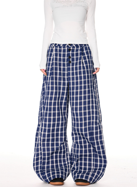 SREK复古蓝色格子休闲裤女秋季宽松慵懒风阔腿直筒排扣设计拖地裤