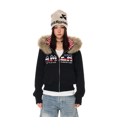 SREK美式复古字母印花连帽卫衣