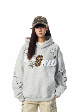 SREK新款秋冬嘻哈风星星绒毛贴布连帽卫衣女情侣宽松百搭黑色帽衫