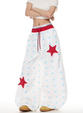 SREK美式复古蝴蝶结印花休闲裤女宽松显瘦高腰垂感白色休闲裤