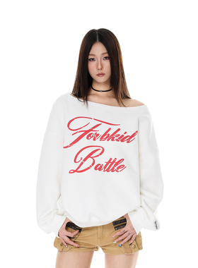 SREK 美式复古字母印花斜肩卫衣女甜酷街头设计感宽松长袖上衣