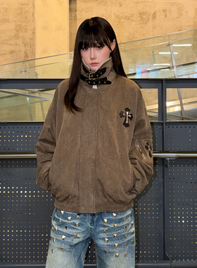 SREK美式复古十字架毛领外套女2026年春季新款宽松夹克短外套女装