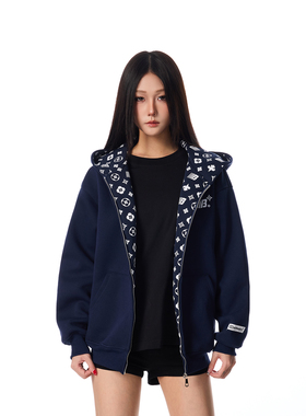 SREK 美式印花开衫连帽卫衣外套男女秋季潮牌情侣装拉链上衣