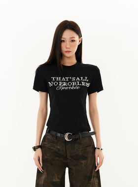 SREK美式钉珠字母印花短袖T恤女夏季设计感小众修身显瘦短款上衣