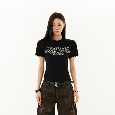 SREK美式钉珠字母印花短袖T恤女夏季设计感小众修身显瘦短款上衣