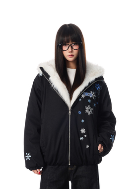 SREK冬季复古美式雪花刺绣连帽棉服女毛绒内领拉链开衫外套黑色