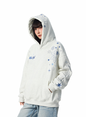 SREK新款休闲慵懒风雪花刺绣连帽卫衣女国潮牌情侣加绒带帽衫灰色