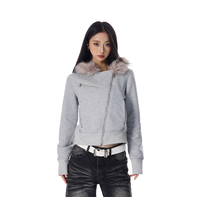 SREK美式复古高级感毛领连帽设计感卫衣开衫外套女冬季加绒厚帽衫