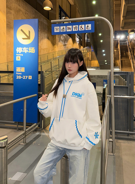 SREK新款美式字母贝壳绣连帽卫衣男女黑色加绒宽松情侣款潮牌上衣